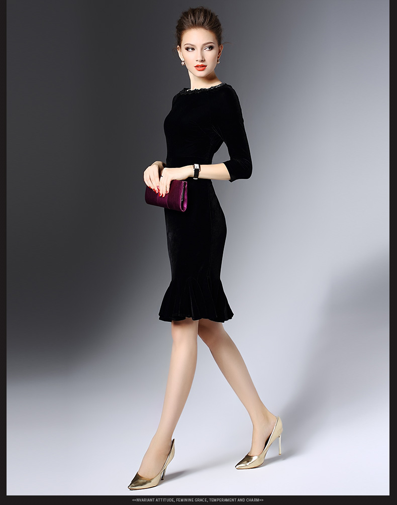 SZ60039 Black Velvet Flounce Bateau Boat Neck Midi Dress